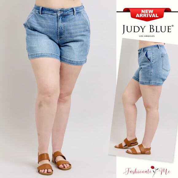 Judy Blue Plus Size High Rise Medium Washed Relaxed Fit Mid Length Denim Shorts